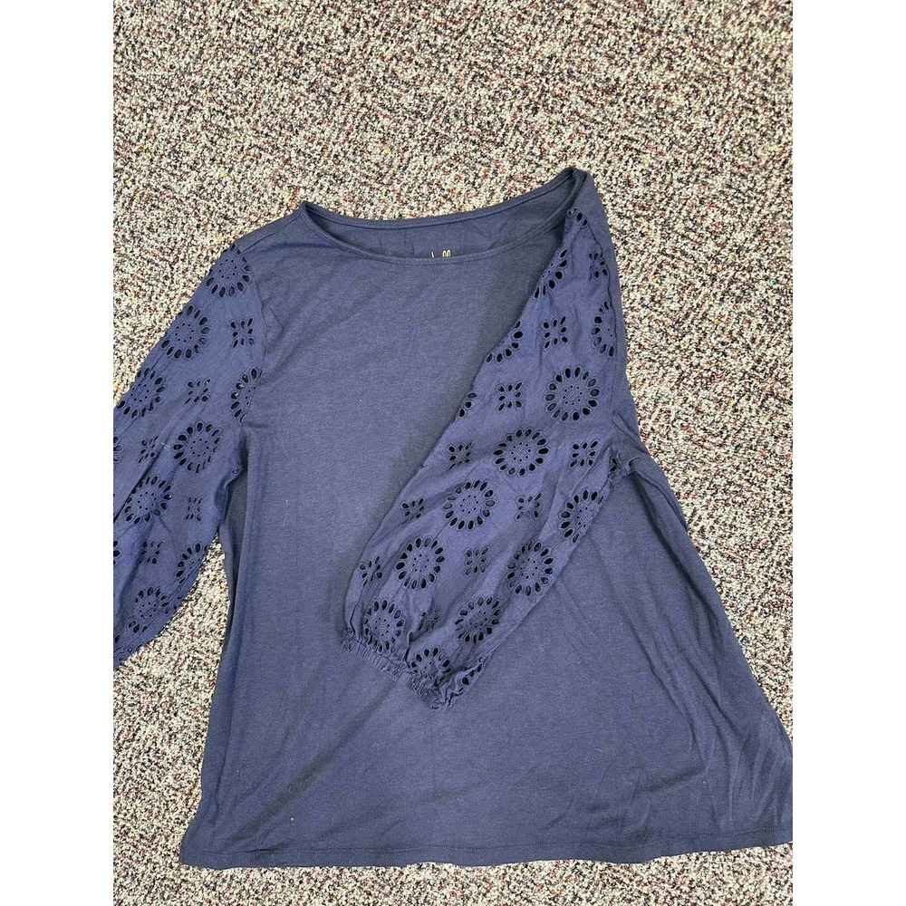 Eyelet Sleeve Top Blouse 3/4 Sleeve Navy Blue Casual‎ Everyday